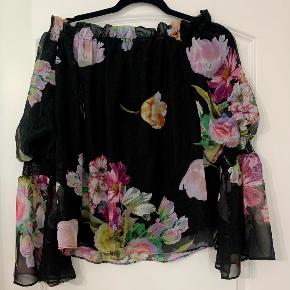 Rarities Size L Black Floral Off the Shoulder BoHo Style Bell Sleeve Blouse